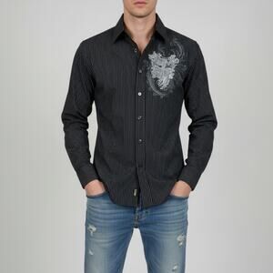 Y2K Eighty Eight Mens Shirt Pinstripe Button-Up Gothic Cross Graphic Sz S Fitted